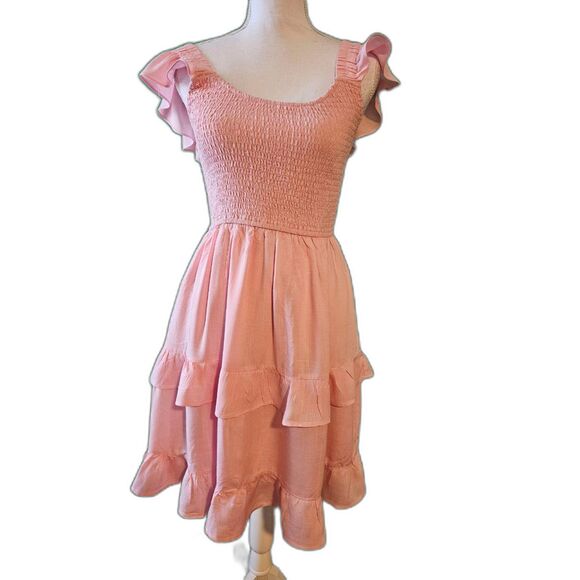 Ruffle Pink Boho Smocked Babydoll Mini Dress Flowy Beach Sundress Sz M - Picture 5 of 8